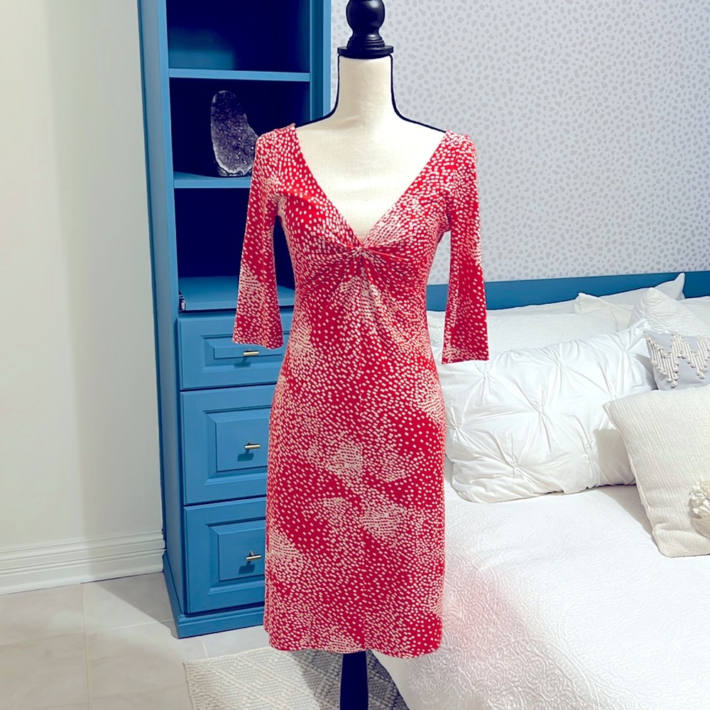 Diane Von Furstenberg Vintage label silk orange ivory fitted midi dress